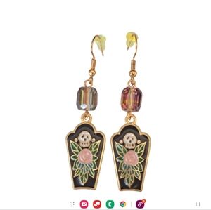 Coffin Skull Flowers Dangle Pierced Earrings Gold Tone & Beads NWOT